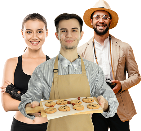 Three people smiling.